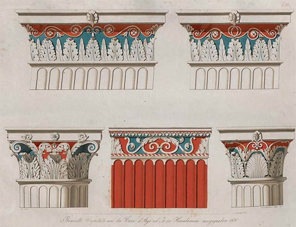 II.2 Herculaneum, 1842, drawings by Zahn. Painted capitals, the columns of these capitals are located in the great peristyle of the garden area (Xistus).
They are made of stucco-coated bricks and painted. It is interesting to note that many of these capitals, destroyed by the earthquake, in the year 62/63A.D. were later restored in a different style, this is also frequently noticed in Pompeii. 
See Zahn, W., 1842. Die schönsten Ornamente und merkwürdigsten Gemälde aus Pompeji, Herkulanum und Stabiae: II. Berlin: Reimer. (69)
