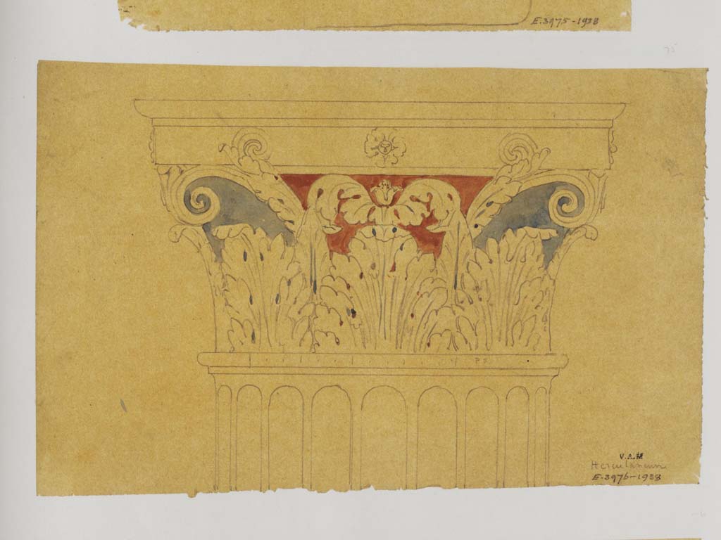 Herculaneum, II.2. c.1840. Painted capital from column in the great peristyle/garden area. Painting by James William Wild (1814-1892). 
Photo © Victoria and Albert Museum, inventory number E.3976-1938.
