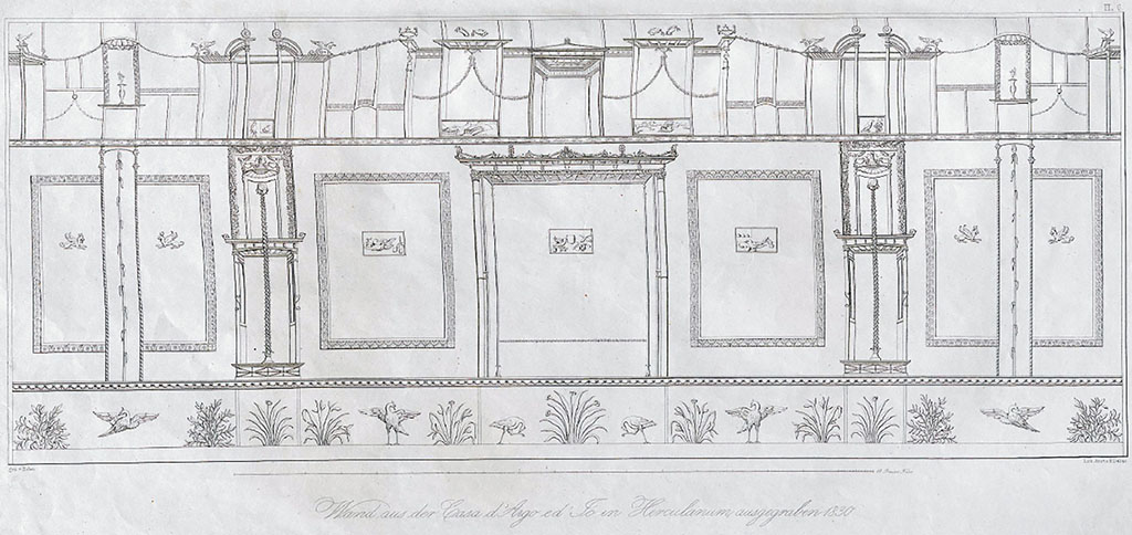 II.2 Herculaneum, 1842, drawing by Zahn. Wall of the atrium, which at the time was still half-covered. (Note the atrium is now inaccessible).
The zoccolo/plinth/dado was painted in black, with naturally coloured small paintings of animals, leaves, flowers and fruits. 
The architectural decoration was partly yellow, red, violet and blue.
(Two of the small architectural decorations from this wall can be seen below (plate 9), in original colour).
All the yellow/ochre colours of this wall will have changed to black by the heat of the volcanic mass; as has been the same for so many yellow panels, both in the recent and old excavations made in Herculaneum. This wall is perhaps the first of Herculaneum which is copied in its entirety, because at the first excavations they did not remove entire walls but were content to detach the main paintings from the walls, after which the underground spaces were again filled, while the new excavations remain uncovered.
See Zahn, W., 1842. Die schönsten Ornamente und merkwürdigsten Gemälde aus Pompeji, Herkulanum und Stabiae: II. Berlin: Reimer. (6)
