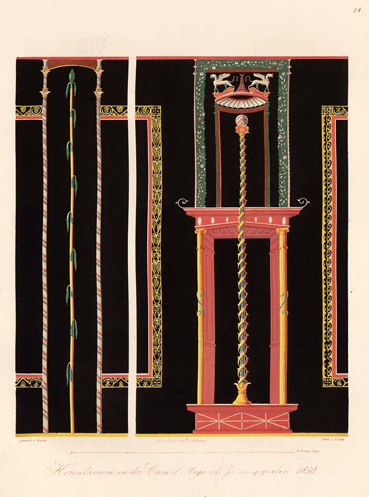 II.2 Herculaneum, pre-1849. 
Painted wall decoration by Zahn, showing candelabra from walls of the atrium, see left side of above drawing, No.6.
See Zahn W., 1849. Ornamente aller klassischen Kunst-Epochen nach den Originalen in ihren eigenthümlichen Farben. Berlin: Reimer, Taf. 41.
