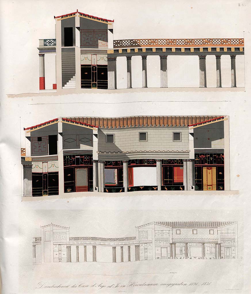 II.2 Herculaneum, 1842, drawing by Zahn. Showing a cross-section of the house, from east side near doorway (on left), across first peristyle, then across corridor between second peristyle and inaccessible rooms on the west side, under Via Mare.
See Zahn, W., 1842. Die schönsten Ornamente und merkwürdigsten Gemälde aus Pompeji, Herkulanum und Stabiae: II. Berlin: Reimer. (65). 
Written under (65) – The floor was restored here according to the fragments found during the search. There are now only a few walls left from the upper floor with their paintings. The paintings on the ground floor are mostly very unrecognisable, as are the colours of the capitals of the columns, shown above. On most of the architraves of the columns, iron bars, subject to iron nails, which were hung from curtains, were still observed to guarantee against any bad weather and the hot sun. Several stones of the floor and the ground floor are mosaic, but in many places are also in broken bricks, joined by mortar.

