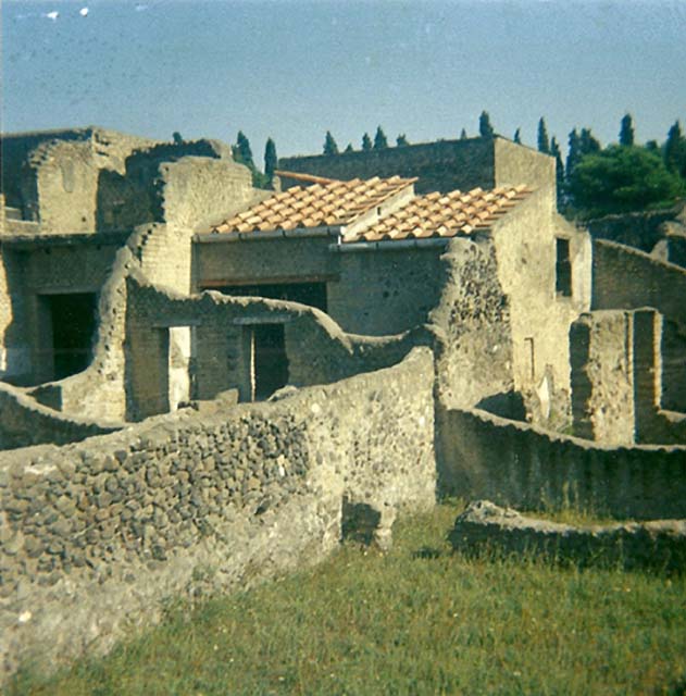 III.2 Herculaneum, 1978. Looking north-east across area and doorway to rear room, centre right.
In the upper left, are rooms belonging to the south end of III.3, House of the Skeleton. Photo courtesy of Roberta Falanelli.

