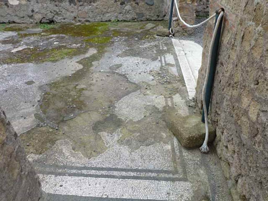III.3 Herculaneum. May 2010. White mosaic floor with black border in triclinium in north-west corner, and door threshold to east.