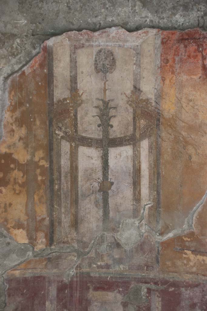 III.3 Herculaneum, September 2017. 
Detail of central painted decoration from north wall of triclinium.
Photo courtesy of Klaus Heese.
