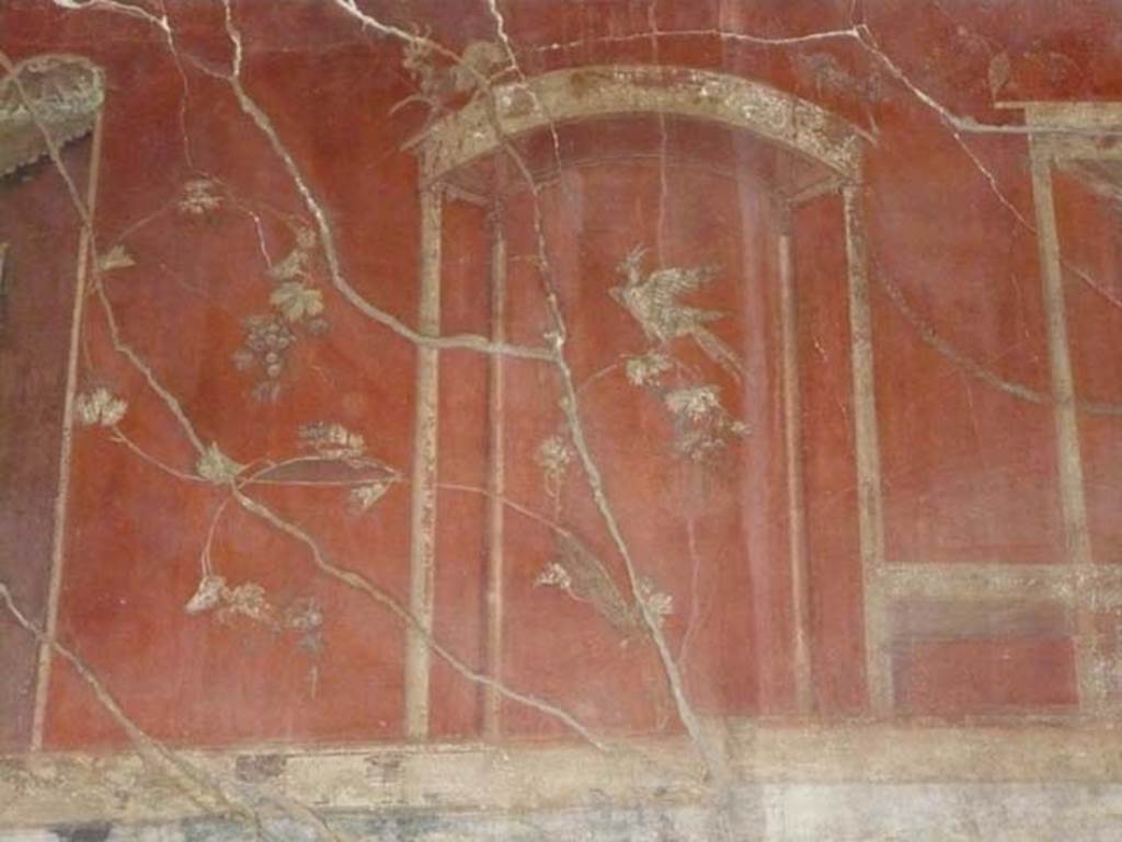 III.11 Herculaneum. August 2013. Room 8, painted detail with phoenix, goat and grapes from upper south wall.
Photo courtesy of Buzz Ferebee.
