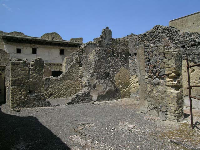 IV.6, Herculaneum, May 2006. 
Atrium, general view looking north-west from rear of house across room 8, the rear atrium with remains of impluvium basin in cocciopesto. 
Photo courtesy of Nicolas Monteix.
Room 6, corridor, is on the left; Room 4, tablinum/triclinium, is centre left; Room 7, is centre right, and Room 9, is on the right.
