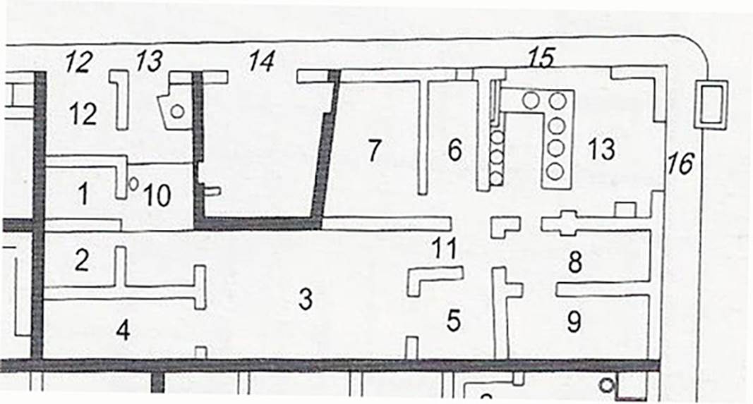 Herculaneum IV.12-13; 15-16, plan of house and linked areas.

According to Pesando and Guidobaldi, entrances at 12 and 13 serve the house living quarters.
1 and 2 are two living rooms, on west side of fauces 10, with two well-heads.
Atrium 3 has an impluvium in centre.
Cubiculum 4 opens onto atrium. 
Small triclinium 5, in which was conserved the central emblema in opus sectile.
Corridor 11, from this corridor the living quarters connect with the bar room and connected rooms, in room 13, served by entrances at 15 and 16 was the grand counter room with evidence of traces of a latrine in the south-east corner.
The rear rooms 6 and 7 on west side of shop-room, and a large room on the south side, subdivided by a rough screen into the actual rooms 8 and 9, all were rooms for the clients to sit and eat.
On the wall of the screen in room 6 is a graffito....... (page 337)
See Pesando, F. and Guidobaldi, M.P. (2006). Pompei, Oplontis, Ercolano, Stabiae. Editori Laterza, (p.336-7)

