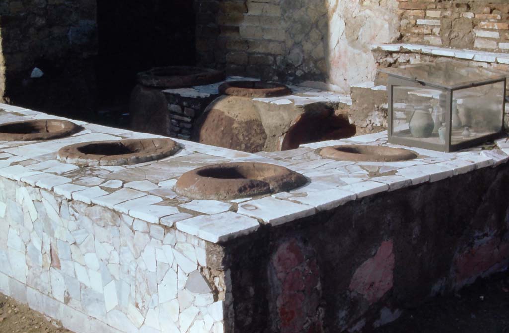 IV.16, Herculaneum. October 2001. Detail of counter-top with inset dolia. Photo courtesy of Peter Woods.


