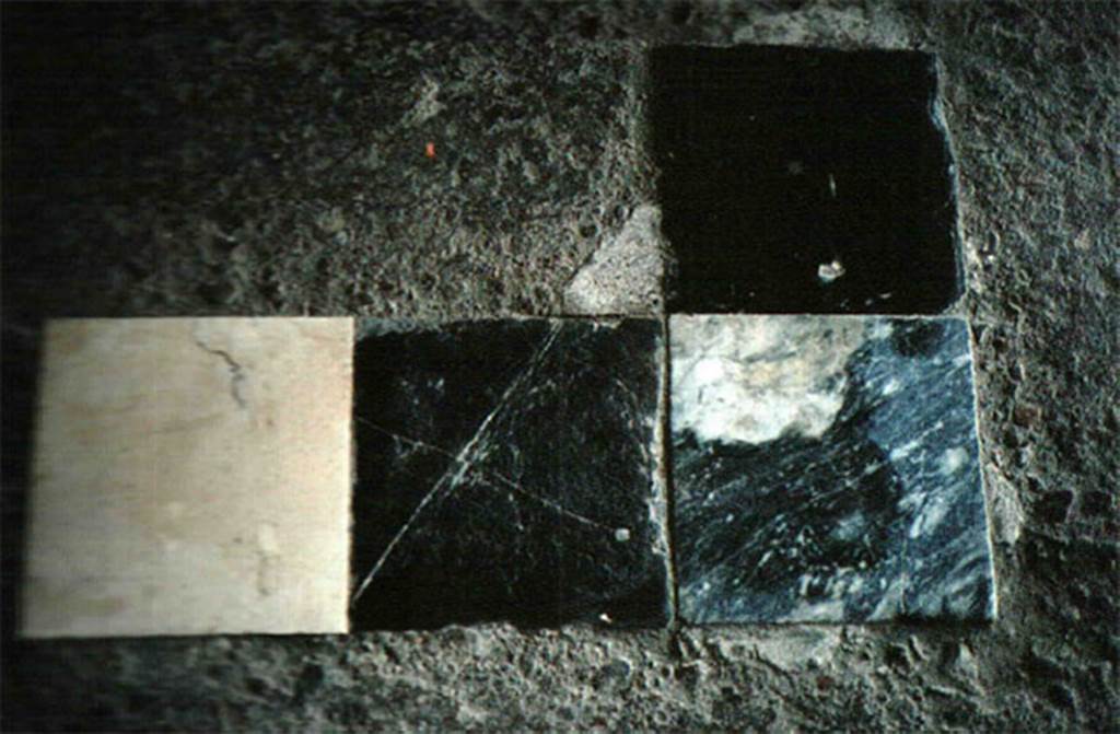 Herculaneum IV.21 Room 6, opus sectile squares in the form of a chessboard.
Photo  Sposito, Francesca, Area archeologica, Casa dei Cervi (IV,21), ambiente 6, opus sectile a modulo quadrato a scacchiera, in TESS  scheda 18401 (http://tess.beniculturali.unipd.it/web/scheda/?recid=18401), 2016