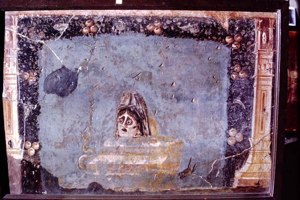 IV.21, Herculaneum. 1972. Triclinium 5, painting of Mask and dolphin, originally found and detached from west wall socle (zoccolo), on left side.  
Detached from the wall 20th – 21st June 1749.  Photo by Stanley A. Jashemski. 
Source: The Wilhelmina and Stanley A. Jashemski archive in the University of Maryland Library, Special Collections (See collection page) and made available under the Creative Commons Attribution-Non-Commercial License v.4. See Licence and use details.  J72f0563
Now in Naples Archaeological Museum. Inventory number 9850.
