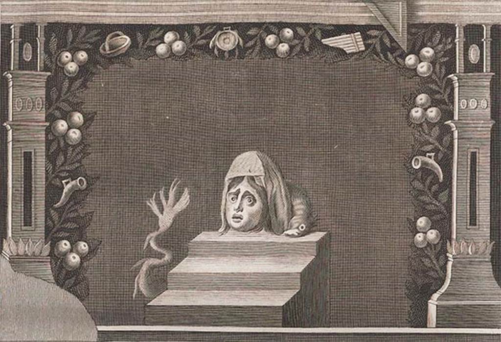 IV.21, Herculaneum. 1765. Triclinium 5, painting of Mask and dolphin. 
See Antichità di Ercolano: Tomo Quarto: Le Pitture 4, 1765, p. 179.