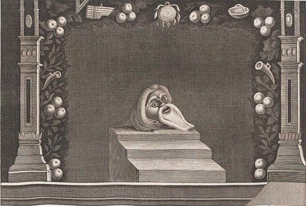 IV.21, Herculaneum. 1765. Triclinium 5, bearded mask.
See Antichità di Ercolano: Tomo Quarto: Le Pitture 4, 1765, p. 179, tav. XXXVIII.
