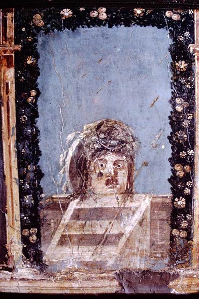 IV.21, Herculaneum. 1972. 
Triclinium 5, painting of Mask with thyrsus, originally found and detached from north wall plinth/dado/socle (zoccolo), on east end (right side). 
Detached and registered by Alcubierre, 20th June 1749, the first of 5 masks taken on 20th-21st June 1749. Photo by Stanley A. Jashemski. 
Source: The Wilhelmina and Stanley A. Jashemski archive in the University of Maryland Library, Special Collections (See collection page) and made available under the Creative Commons Attribution-Non-Commercial License v.4. See Licence and use details.
J72f0566
Now in Naples Archaeological Museum. Inventory number 9805.
