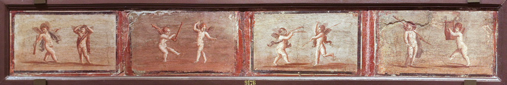 IV.21, Herculaneum.  Frescoes of dancing cupids. 
Now in Naples Archaeological Museum. Inventory number 9176.