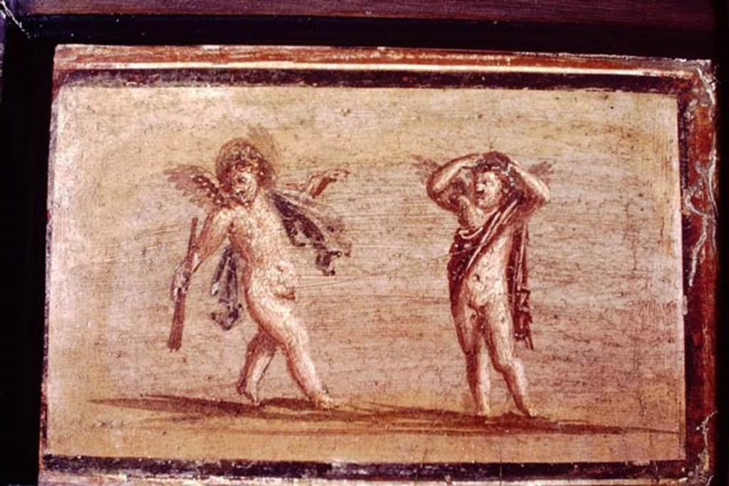 IV.21, Herculaneum. 1968. Small painting of cupids, found 7th September 1748.  Photo by Stanley A. Jashemski.
Source: The Wilhelmina and Stanley A. Jashemski archive in the University of Maryland Library, Special Collections (See collection page) and made available under the Creative Commons Attribution-Non-Commercial License v.4. See Licence and use details.
J68f0815 
Now in Naples Archaeological Museum. Inventory number 9176.
See Antichità di Ercolano: Tomo Primo: Le Pitture 1, 1757, Tav. XXX, p.157.