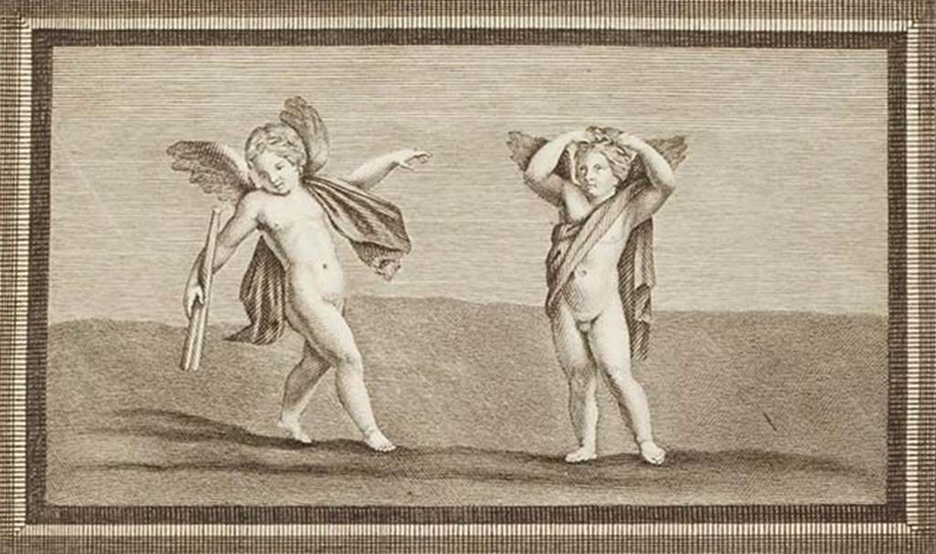IV.21, Herculaneum. Two cupids, one with stick and the other with a crown of flowers
Found in the Scavi di Resina, on 7th September 1748, with other small paintings.
See Antichità di Ercolano: Tomo Primo: Le Pitture 1, 1757, p.157, Tav. XXX. 
Now in Naples Archaeological Museum. Inventory number 9176.
