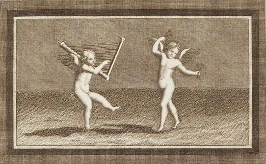 IV.21, Herculaneum.  Two cupids, one playing a many stringed instrument and the other holding two nails in each hand and dancing.  
Fund in the Scavi di Resina, on 7th September 1748, with other small paintings.
See Antichità di Ercolano: Tomo Primo: Le Pitture 1, 1757, p.169, Tav. XXXII. 
Now in Naples Archaeological Museum. Inventory number 9176.