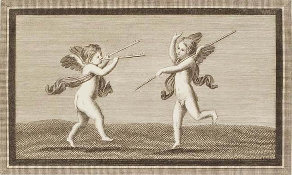 IV.21, Herculaneum.  Two cupids, one playing the flute and the other dancing.
Found in the Scavi di Resina, on 7th September 1748, with other small paintings.
See Antichità di Ercolano: Tomo Primo: Le Pitture 1, 1757, p.163, Tav. XXXI. (found with the two preceding paintings, see p.157, Tav. XXX).
Now in Naples Archaeological Museum. Inventory number 9176.