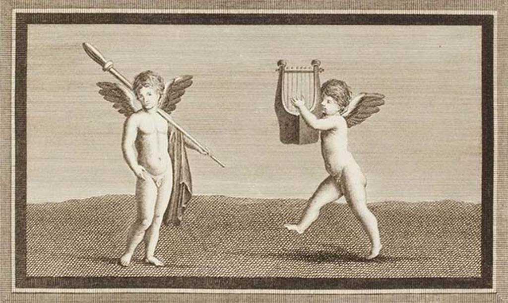 IV.21, Herculaneum.  Two cupids, one stands with a staff on the left shoulder and another playing the lyre and dancing.
Found in the Scavi di Resina, on 7th September 1748, with other small paintings.
See Antichità di Ercolano: Tomo Primo: Le Pitture 1, 1757, p.163, Tav. XXXI. (found with the two preceding paintings, see p.157, Tav. XXX).
Now in Naples Archaeological Museum. Inventory number 9176.

Now in Naples Archaeological Museum. Inventory number 9176.
