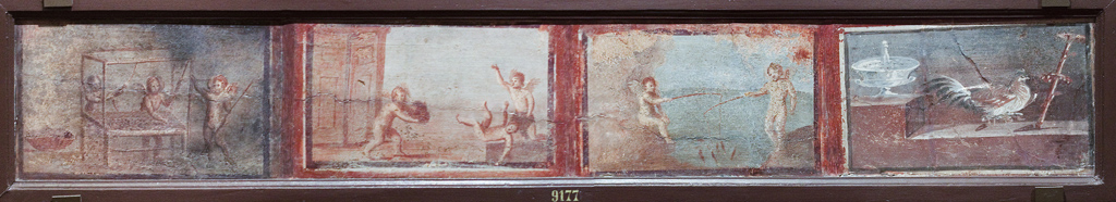 IV.21, Herculaneum. Frescoes of dancing cupids and a cockerel. 
Now in Naples Archaeological Museum. Inventory number 9177.
