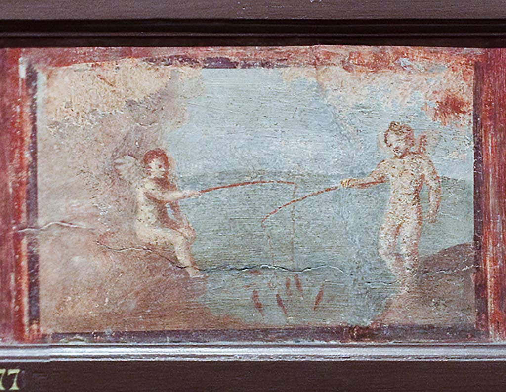 IV.21, Herculaneum. Small painting of Cupids fishing found 24th August 1748 in the Scavi at Resina.
Now in Naples Archaeological Museum. Part of inventory number 9177.
