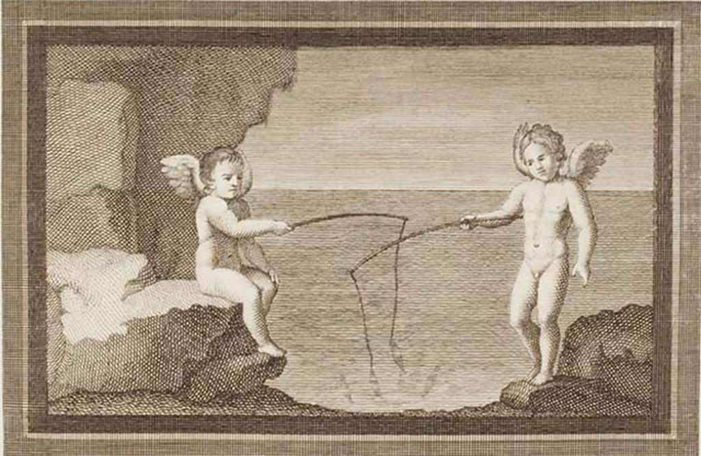 IV.21, Herculaneum. Small painting of Cupids fishing found 24th August 1748 in the Scavi at Resina.
See Antichità di Ercolano: Tomo Primo: Le Pitture 1, 1757, tav. XXXVI, p. 189
Now in Naples Archaeological Museum. Part of inventory number 9177.
