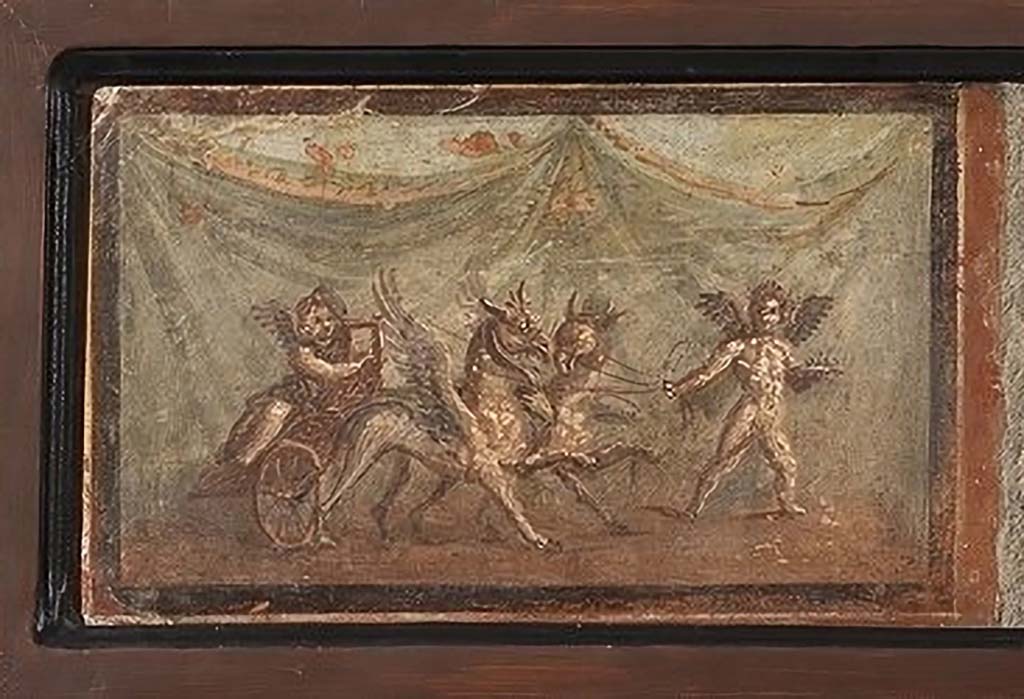 IV.21, Herculaneum. Painting of cupid on chariot pulled by griffins that are led by a cupid.
Now in Naples Archaeological Museum. Part of inventory number 9178.

