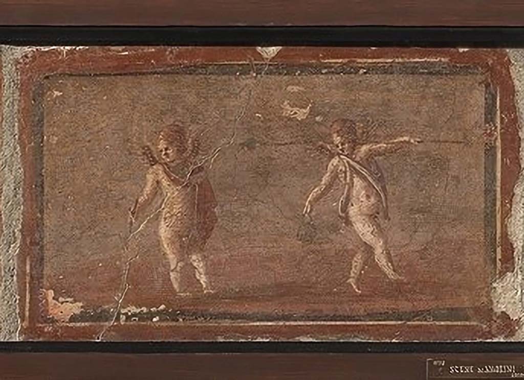 IV.21, Herculaneum. Two cupids, one with stick and the other with a basket. 
Now in Naples Archaeological Museum. Part of inventory number 9178.
