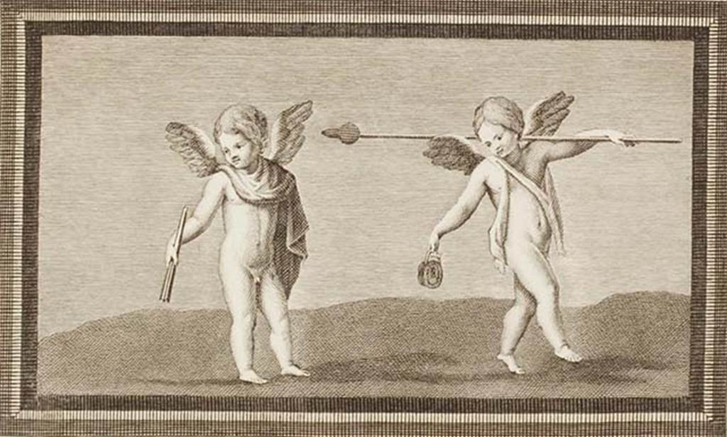 IV.21, Herculaneum.  Two cupids, one with stick and the other with a basket. 
Found in the Scavi di Resina, on 7th September 1748, with other small paintings.
See Antichità di Ercolano: Tomo Primo: Le Pitture 1, 1757, p.157, Tav. XXX. 
Now in Naples Archaeological Museum. Inventory number 9178.