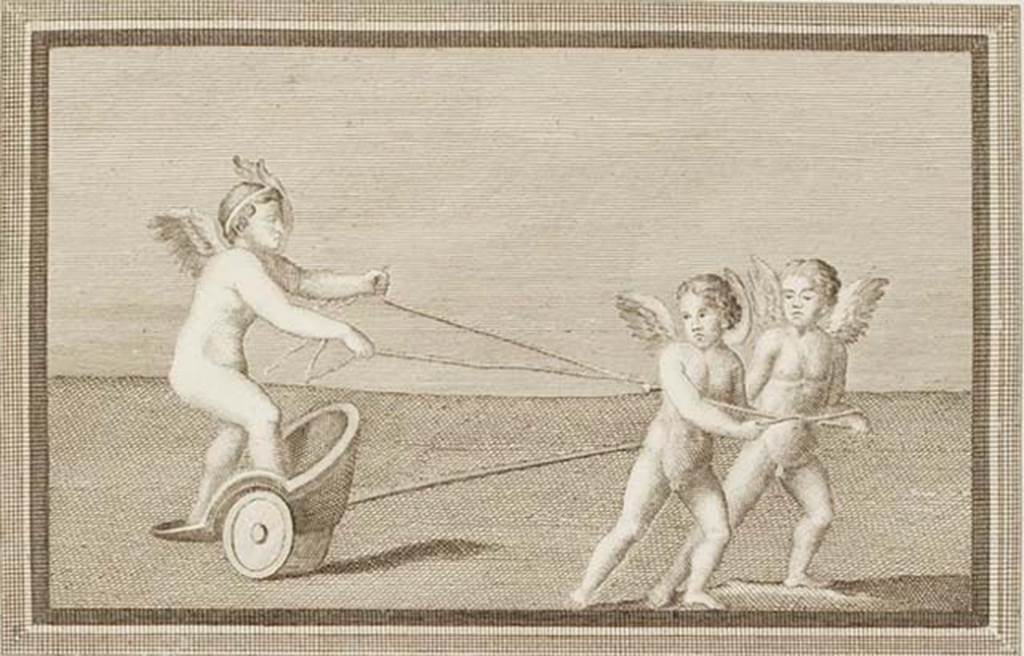 IV.21, Herculaneum. Cupid on a cart, being pulled by two others.
See Antichità di Ercolano: Tomo Primo: Le Pitture 1, 1757, Tav XXXIII, p.173, found in the Scavi at Resina, 31st August 1748.
Now in Naples Archaeological Museum. Inventory number 9178.