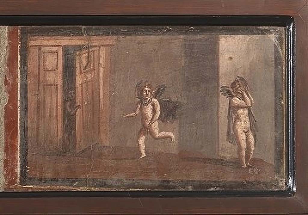 IV.21, Herculaneum. Cupids playing blindman’s bluff.
Now in Naples Archaeological Museum. Part of inventory number 9178.
