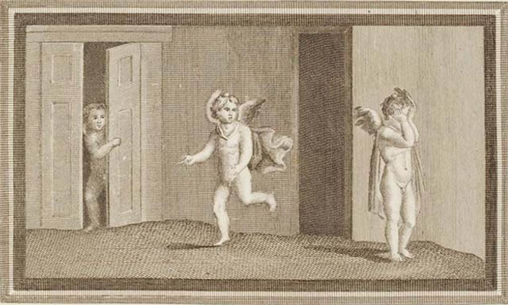 IV.21, Herculaneum. Cupids playing blindman’s bluff.
See Antichità di Ercolano: Tomo Primo: Le Pitture 1, 1757, Tav XXXIII, p.173, found in the Scavi at Resina, 7th September 1748.
Now in Naples Archaeological Museum. Inventory number 9178.
