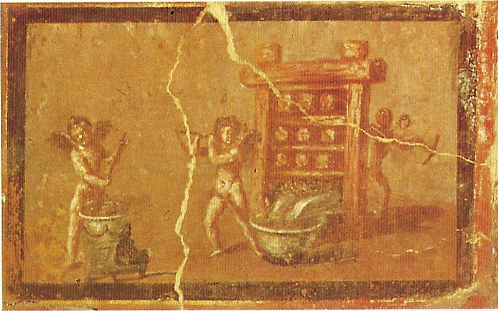 IV.21 Herculaneum. Small paintings of cupids with press. Perfume making?
Now in Naples Archaeological Museum. Part of inventory number 9179.
See De Caro, S., Ed., 1996. The National Archaeological Museum of Naples. Napoli: Electa, p. 260-1. 

