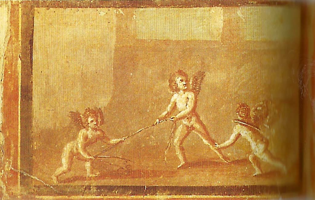 IV.21, Herculaneum. Cupids playing with a rope, found 12th August 1748 at Herculaneum, but in a different place. Field measuring?
Now in Naples Archaeological Museum. Part of inventory number 9179.
See De Caro, S., Ed., 1996. The National Archaeological Museum of Naples. Napoli: Electa, p. 260-1. 
