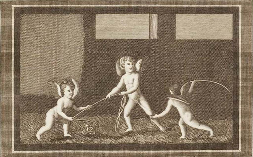 IV.21, Herculaneum.  Cupids playing with a rope, found 12th August 1748 at Herculaneum, but in a different place.
See Antichità di Ercolano: Tomo Primo: Le Pitture 1, 1757, XXXII, p.169. 
Now in Naples Archaeological Museum. Inventory number 9179.