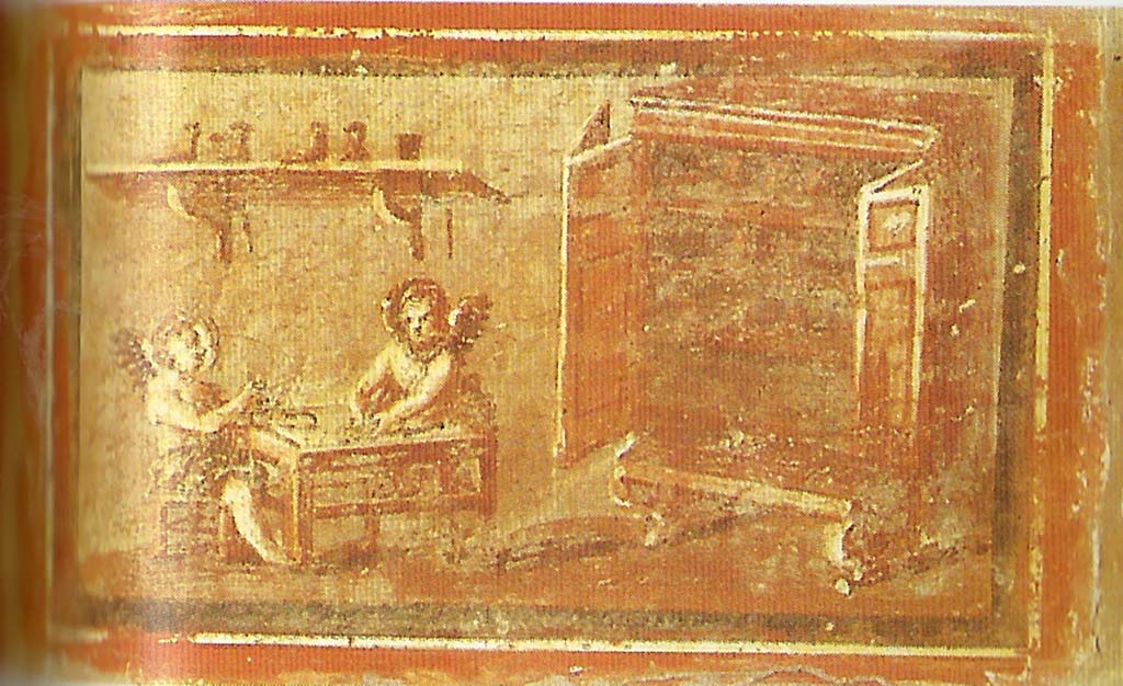 IV.21, Herculaneum. Small painting of Cupids found 17th August 1748 in the Scavi at Resina. Making shoes?
Now in Naples Archaeological Museum. Part of inventory number 9179.
See De Caro, S., Ed., 1996. The National Archaeological Museum of Naples. Napoli: Electa, p. 260-1. 
