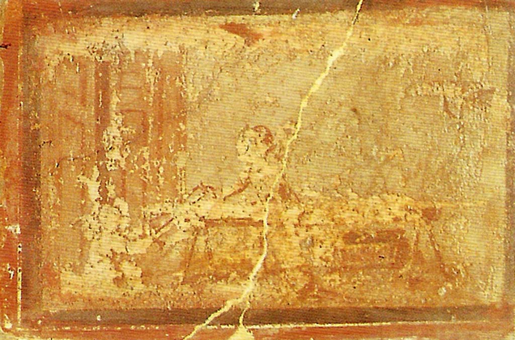 IV.21, Herculaneum. Small painting of Cupids sawing. Carpentry?
Now in Naples Archaeological Museum. Part of inventory number 9179.
See De Caro, S., Ed., 1996. The National Archaeological Museum of Naples. Napoli: Electa, p. 260-1. 

