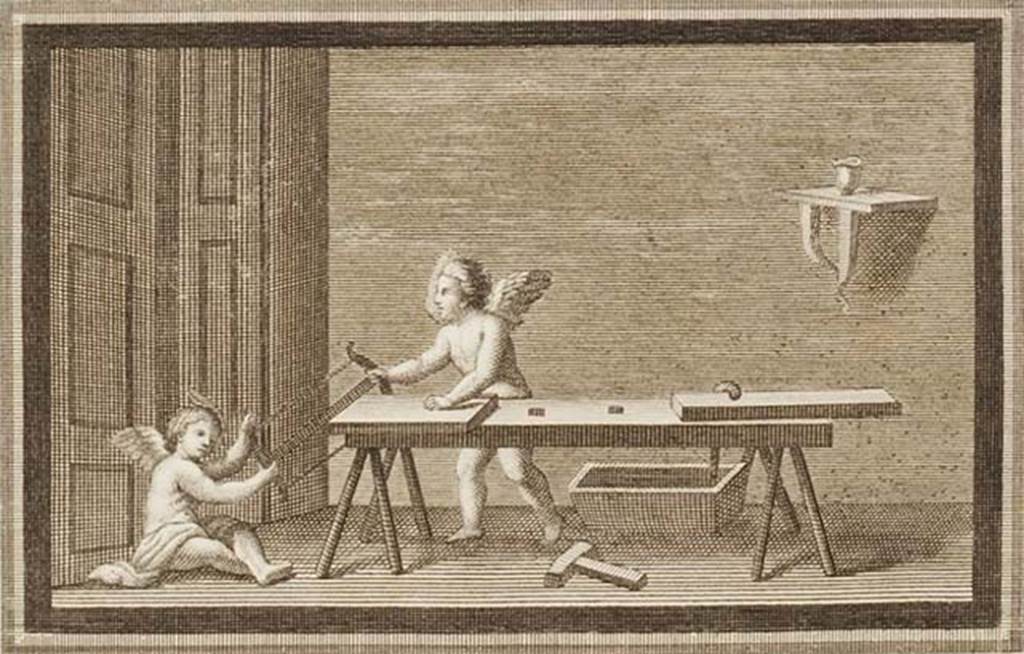 IV.21, Herculaneum. Small painting of Cupids sawing.
See Antichità di Ercolano: Tomo Primo: Le Pitture 1, 1757, Tav. XXXIV, p.177, found in the Scavi at Resina, 13 August 1748. 
Now in Naples Archaeological Museum. Inventory number 9179.