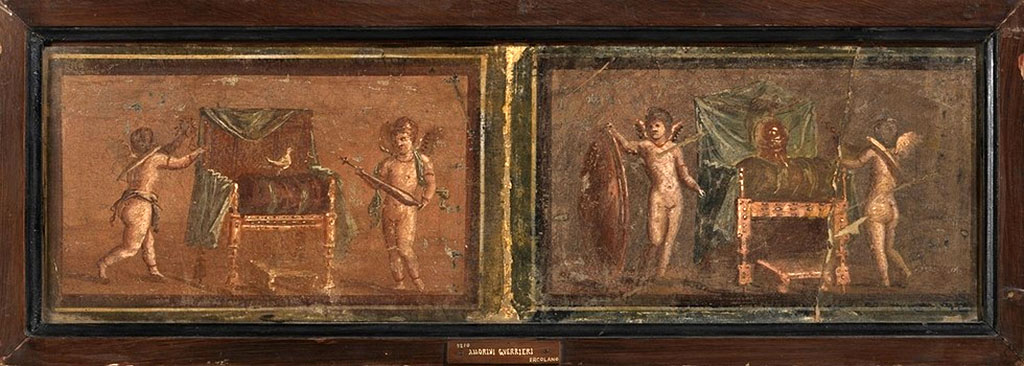 IV.21, Herculaneum. Small paintings of Cupids with attributes of Venus and Mars.
See Antichità di Ercolano: Tomo Primo: Le Pitture 1, 1757, Tav. XXIX, p.151, found 31st August 1748 in the same place, in the Scavi at Resina.
Now in Naples Archaeological Museum, inventory number 9210.
The painting on the left shows two cupids around the throne of Venus/Aphrodite.
The painting on the right shows two cupids around the throne of Mars/Ares.
