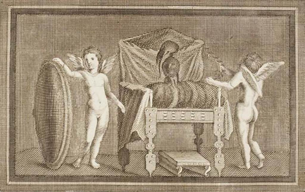 IV.21, Herculaneum. Painting of Cupids with attributes of Mars/Ares.
See Antichità di Ercolano: Tomo Primo: Le Pitture 1, 1757, Tav. XXIX, p.151, found 31st August 1748 in the same place, in the Scavi at Resina.
Now in Naples Archaeological Museum, inventory number 9210.