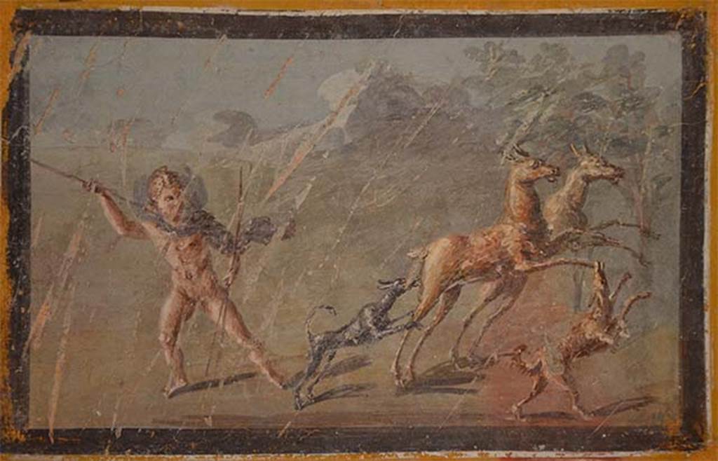 IV.21, Herculaneum. Small painting of a cupid hunting, found 6th August 1748 at Scavi di Resina.
Now in the Louvre. Inventory number P16-2.