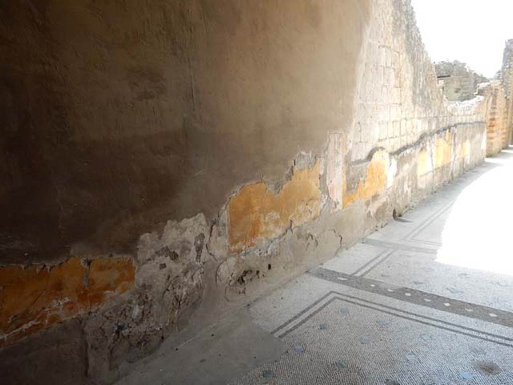 IV.21, Herculaneum. May 2018. 
Cryptoporticus 29, looking towards the south end of the east wall and remaining painted decoration.
Photo courtesy of Buzz Ferebee. 

