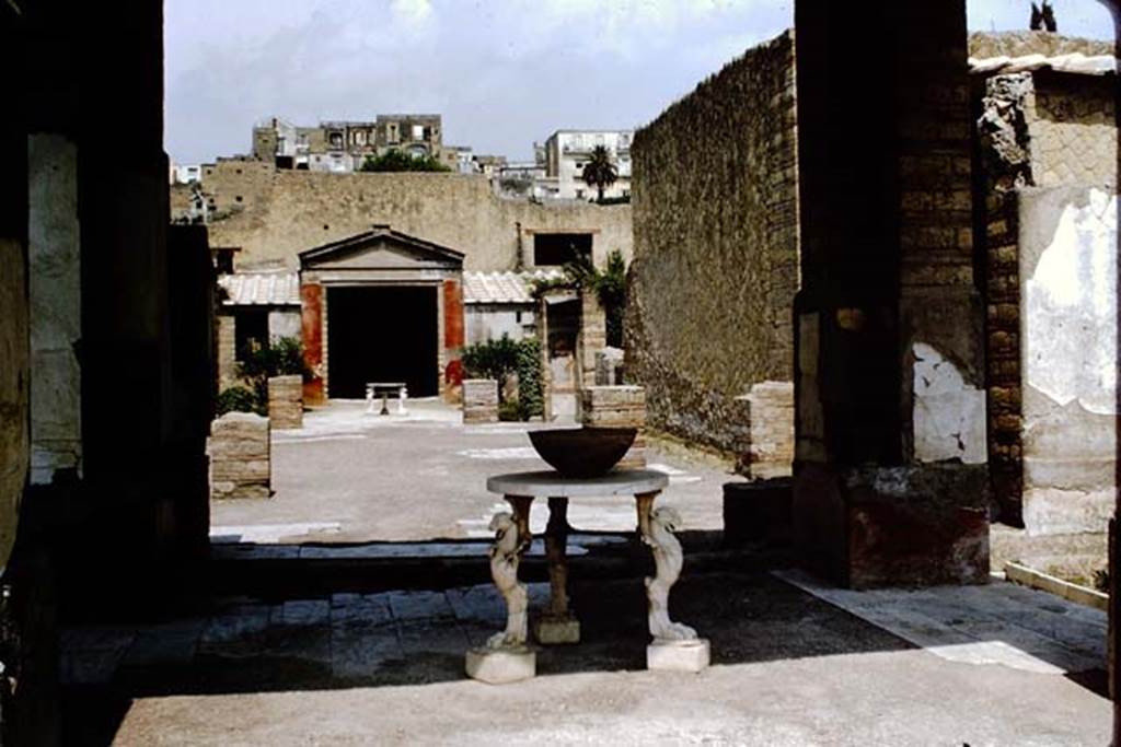 IV.21, Herculaneum. 1964. Looking north from the pergola 18 through the large triclinium 15 to the garden area 32. Oecus 17 is the building on the right.
Photo by Stanley A. Jashemski.
Source: The Wilhelmina and Stanley A. Jashemski archive in the University of Maryland Library, Special Collections (See collection page) and made available under the Creative Commons Attribution-Non-Commercial License v.4. See Licence and use details.
J64f1425
