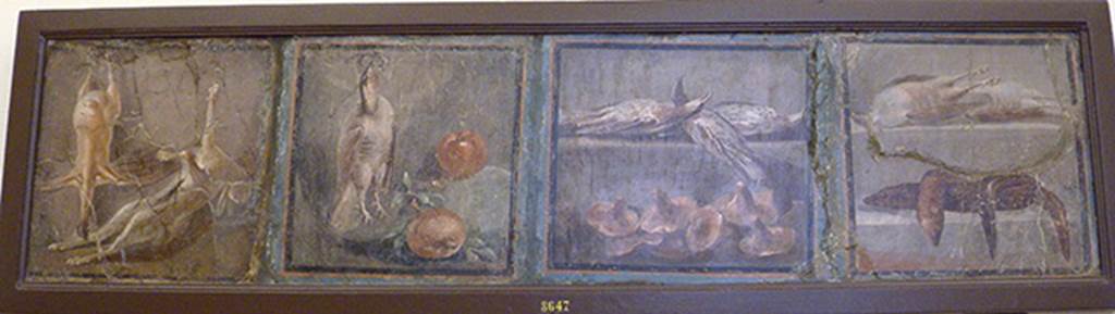 IV.21 Herculaneum. Oecus 16 on west side of terrace, 4 paintings of fowl, fruit and mushrooms.  Now in Naples Archaeological Museum. Inventory number 8647.

