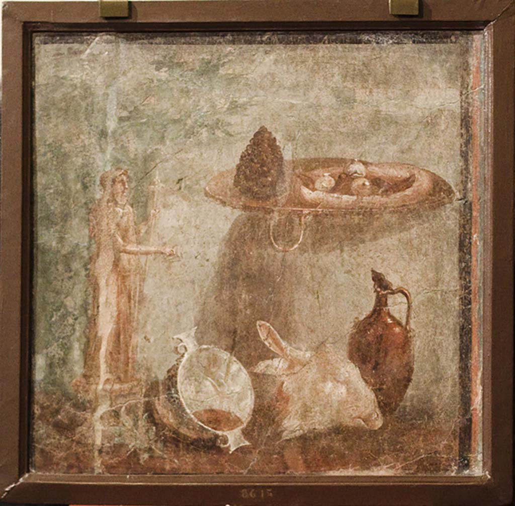 IV.21, Herculaneum. Still life, from Oecus 16. 
Now in Naples Archaeological Museum. Inventory number 8615.
See Tran Tam Tinh, 1988. La Casa dei Cervi a Herculanum. Roma: Giorgio Bretschneider. (p,73, fig.136, where it is described as from Oecus 29, see his plan).
