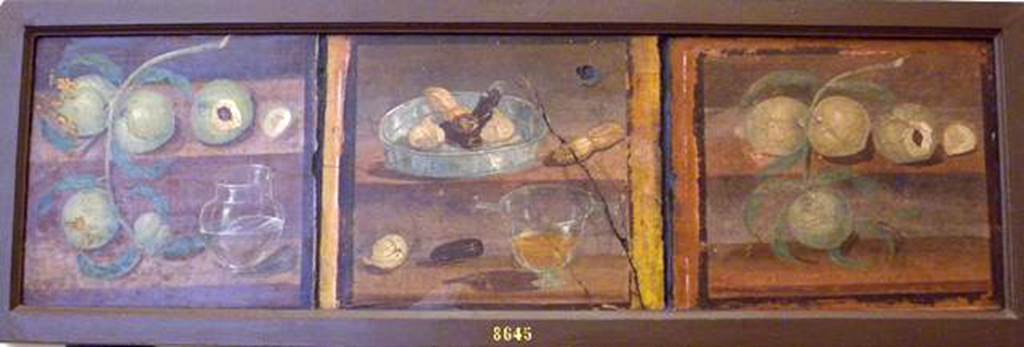 IV.21, Herculaneum. Southern ambulatory of cryptoporticus (30) small paintings with glass and fruit. Now in Naples Archaeological Museum. Inventory number 8645.
