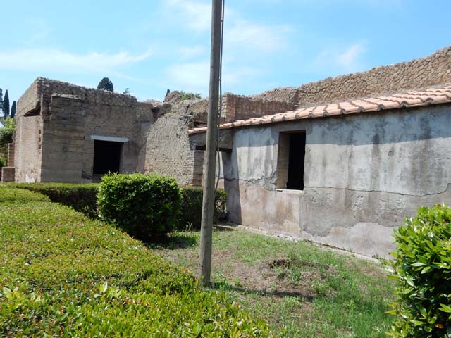 IV.21, Herculaneum. May 2018. 
Garden 32, looking towards north-west corner, and windows of Cryptoporticus 31, on left and centre, Cryptoporticus 28, centre right and right.
Photo courtesy of Buzz Ferebee. 

