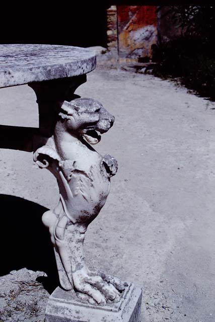IV.21, Herculaneum. 1968. Detail of leg of table in garden area. Photo by Stanley A. Jashemski.
Source: The Wilhelmina and Stanley A. Jashemski archive in the University of Maryland Library, Special Collections (See collection page) and made available under the Creative Commons Attribution-Non-Commercial License v.4. See Licence and use details. J68f1839

