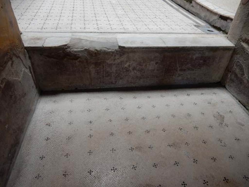 V.8 Herculaneum, May 2018. Room 3, flooring of small tablinum on lower level, raised flooring at rear in Area 4. 
Photo courtesy of Buzz Ferebee.

