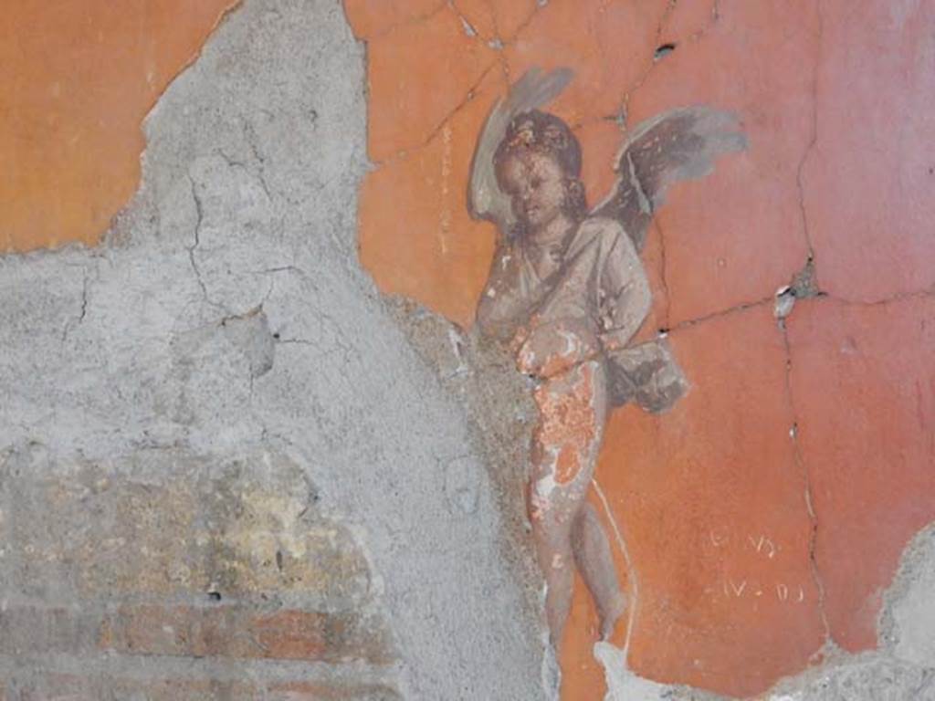 V.8 Herculaneum, May 2018. Room 7, painted cupid from west side of north wall of the large salon.
Photo courtesy of Buzz Ferebee.
